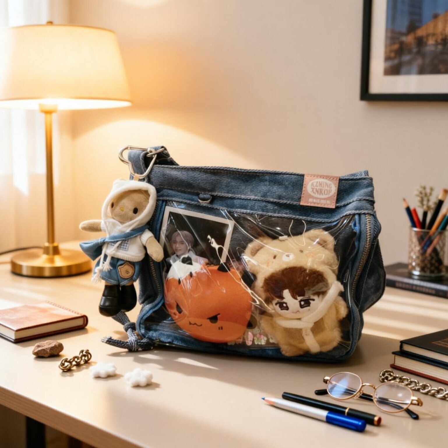 Blue Y2K Ita Messenger Bag with Clear Window for Plushies and Pins Blue Y2K Ita Messenger Bag with Clear Window for Plushies and Pins