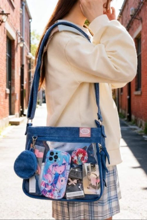 Blue Y2K Ita Messenger Bag with Clear Window for Plushies and Pins