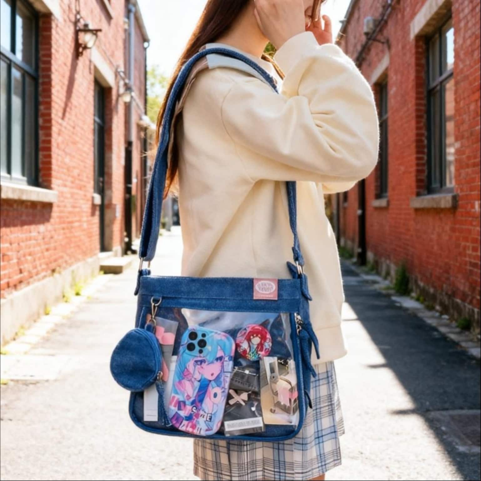Blue Y2K Ita Messenger Bag with Clear Window for Plushies and Pins Blue Y2K Ita Messenger Bag with Clear Window for Plushies and Pins