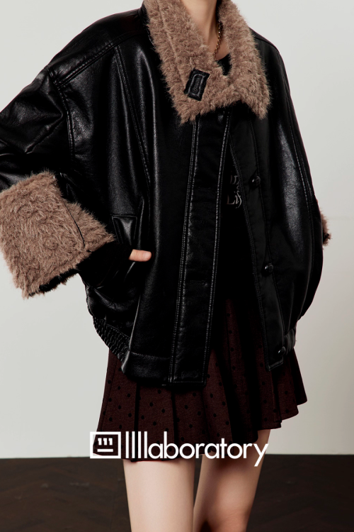 Boa Collar Leather Jacket / Pleated Mini Skirt