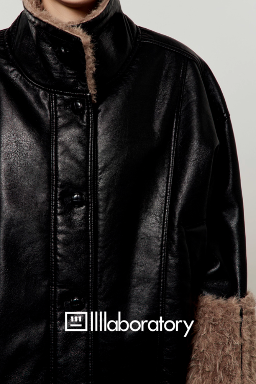 Boa Collar Leather Jacket / Pleated Mini Skirt