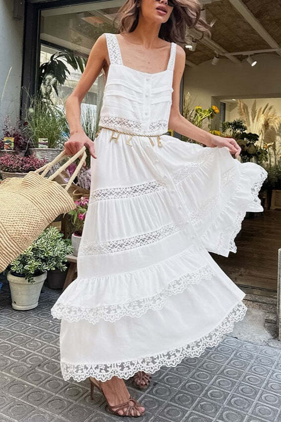 Boho Lace Patchwork Ruffle Loose Maxi Dress