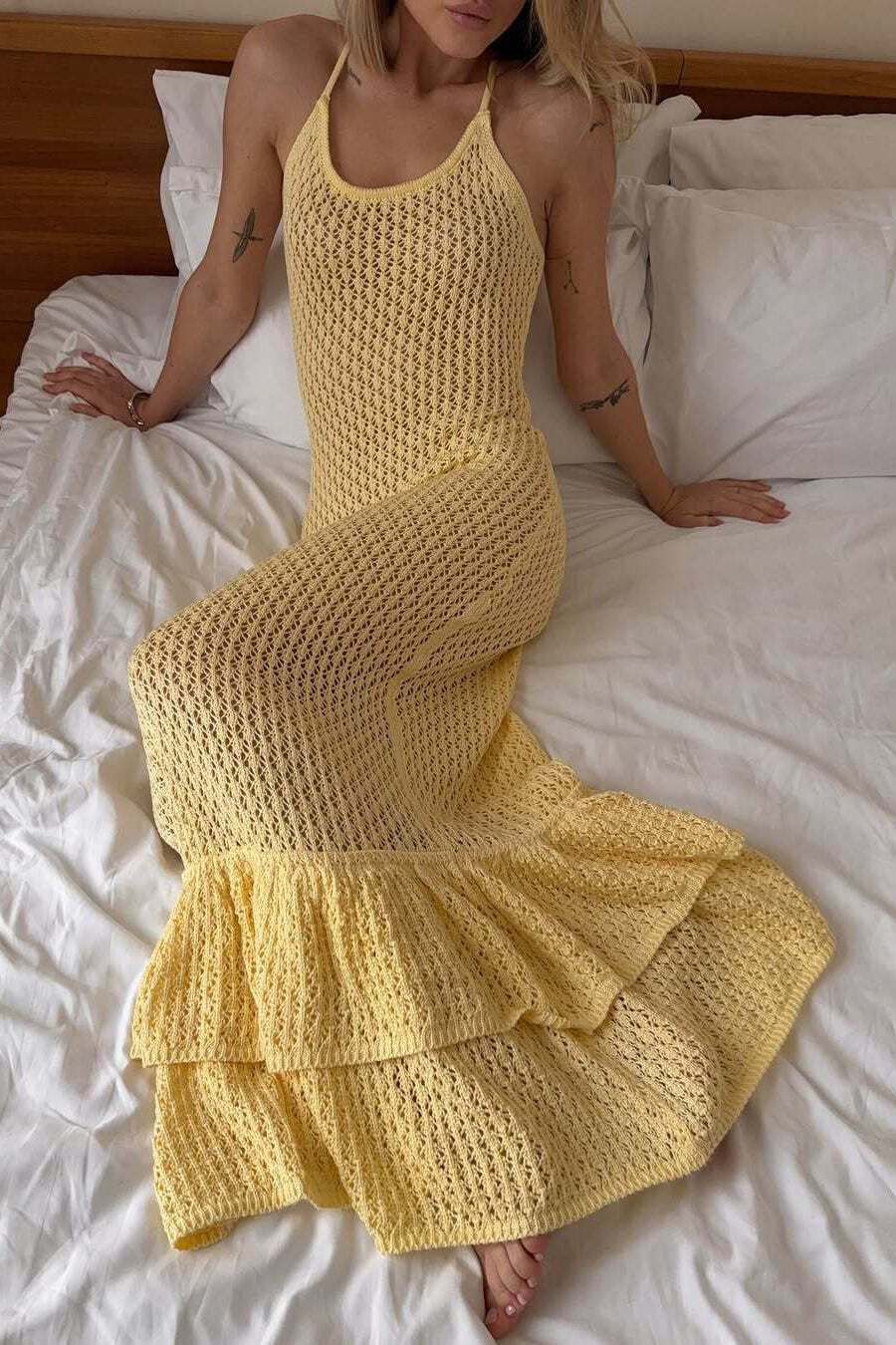 Boho Ruffle Knit Sexy Cutout Sheer Cami Maxi Dress