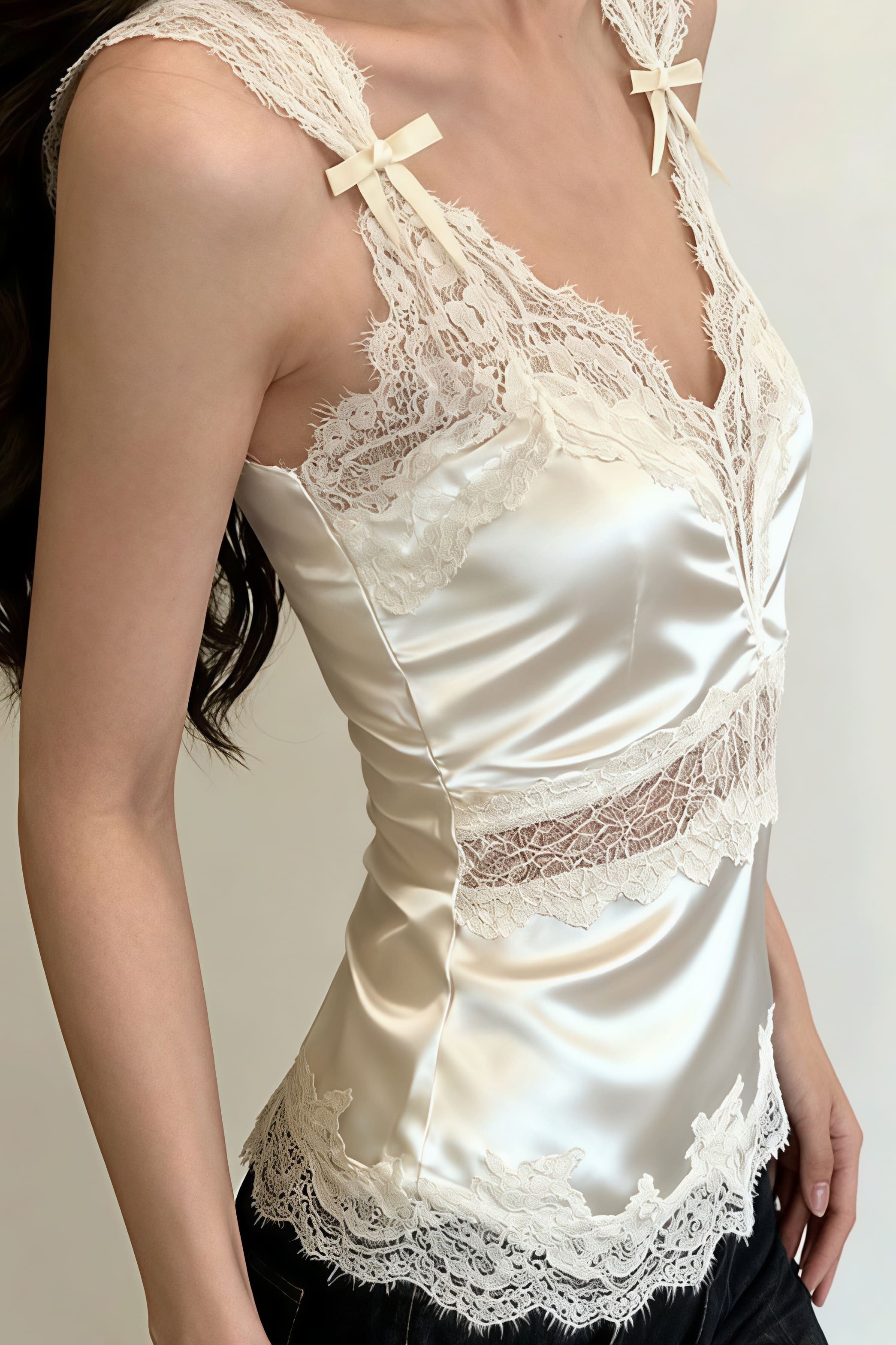 Bow Lace Patch V Neck Solid Tank Top Bow Lace Patch V Neck Solid Tank Top