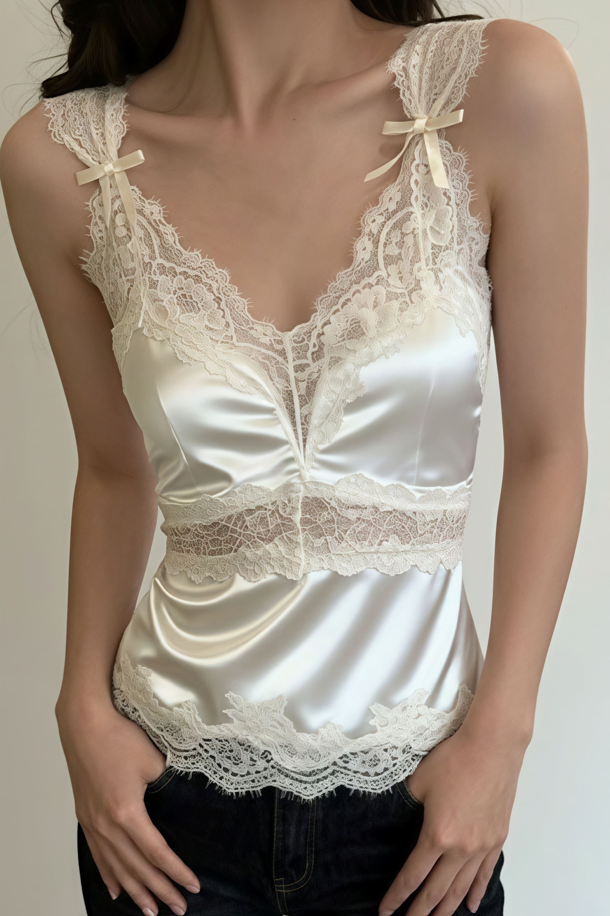 Bow Lace Patch V Neck Solid Tank Top Bow Lace Patch V Neck Solid Tank Top