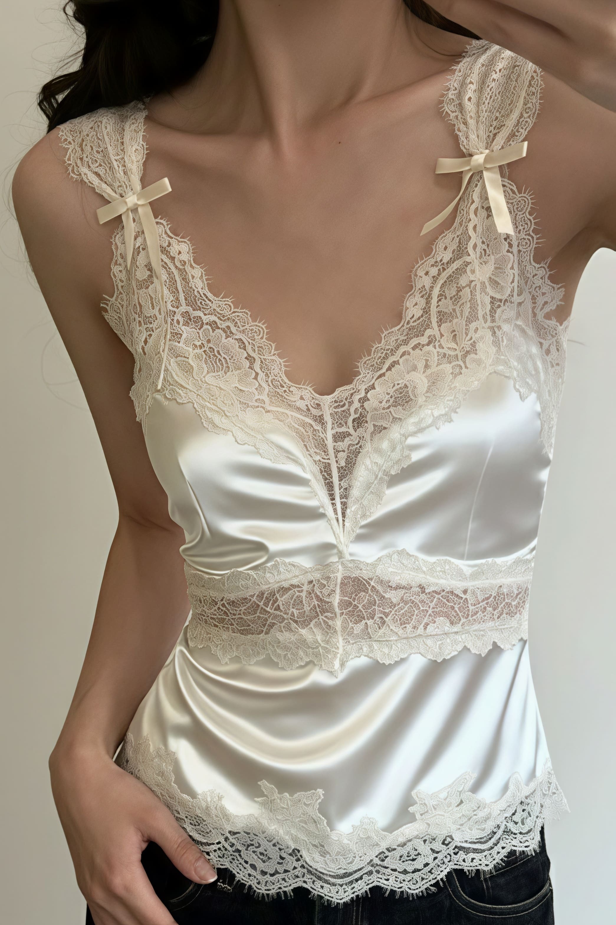 Bow Lace Patch V Neck Solid Tank Top Bow Lace Patch V Neck Solid Tank Top