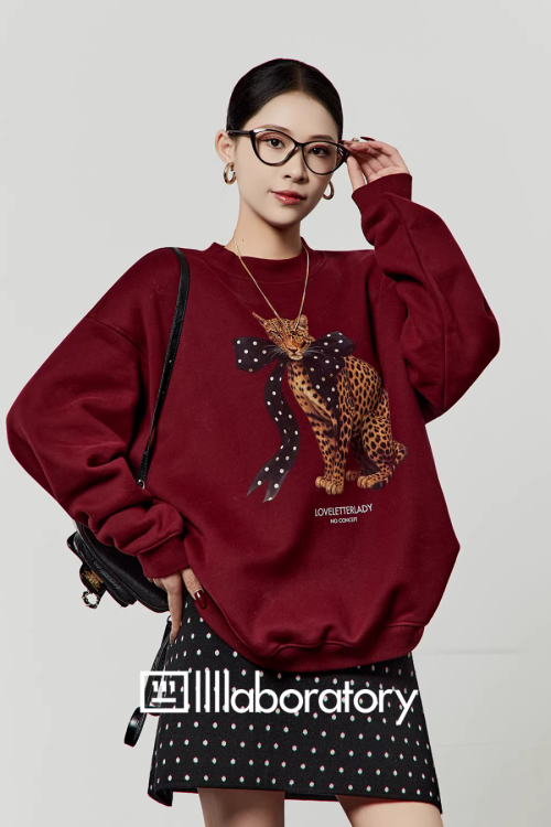 Bow Leopard Sweatshirt / Polka Dot Mini Skirt