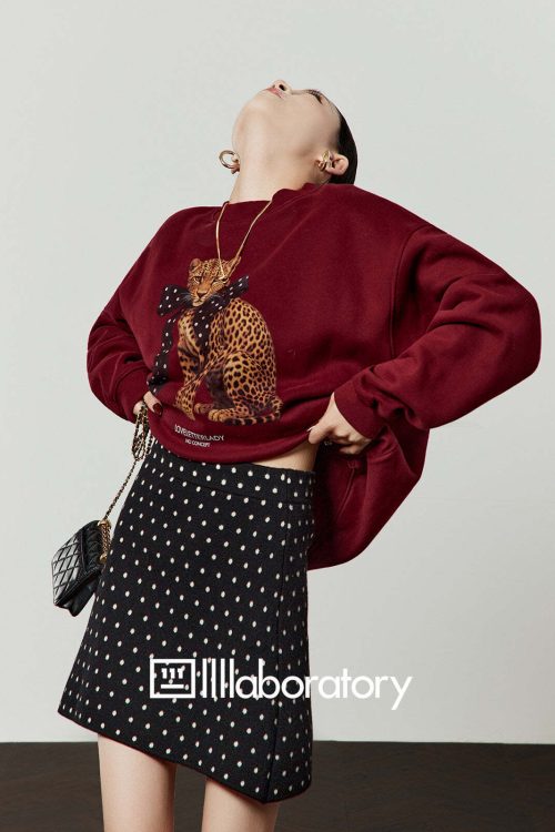 Bow Leopard Sweatshirt / Polka Dot Mini Skirt