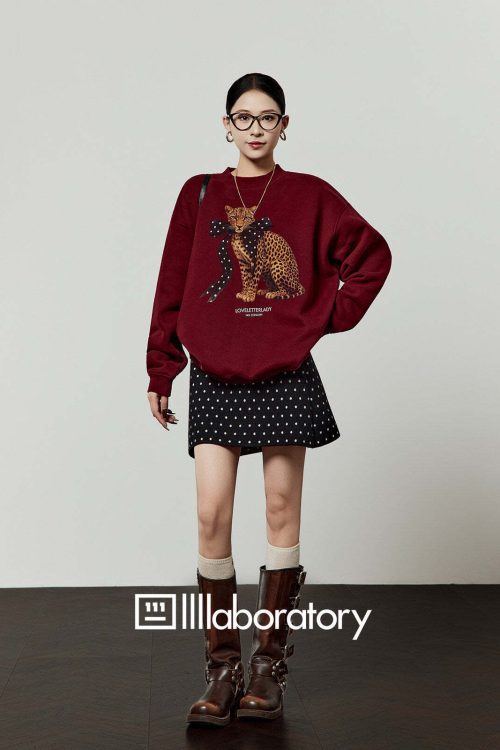 Bow Leopard Sweatshirt / Polka Dot Mini Skirt