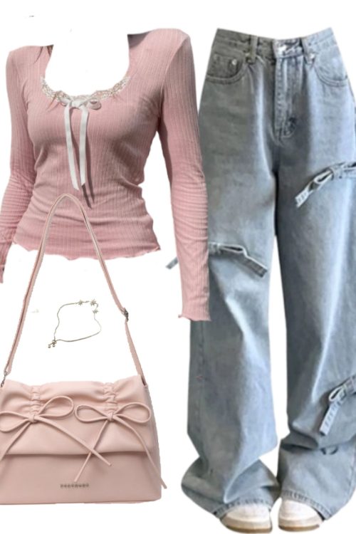 Bow Long Sleeve Tee + Wide Leg Jeans + Leather Shoulder Bag