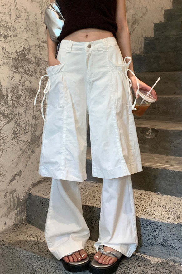 Bow Tie Fake Two Piece White Y2K Loose Jeans