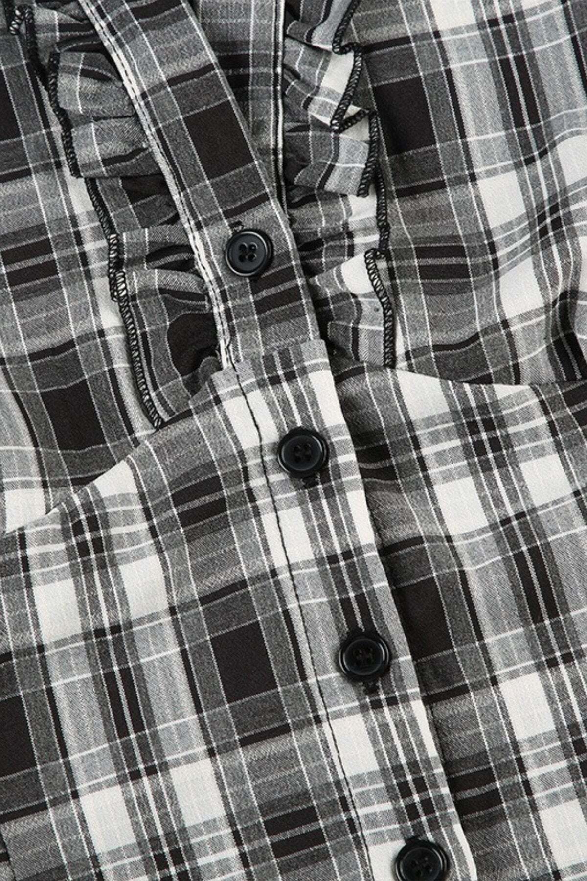 British Plaid Ruffled V Neck Puff Sleeve Blouse British Plaid Ruffled V Neck Puff Sleeve Blouse