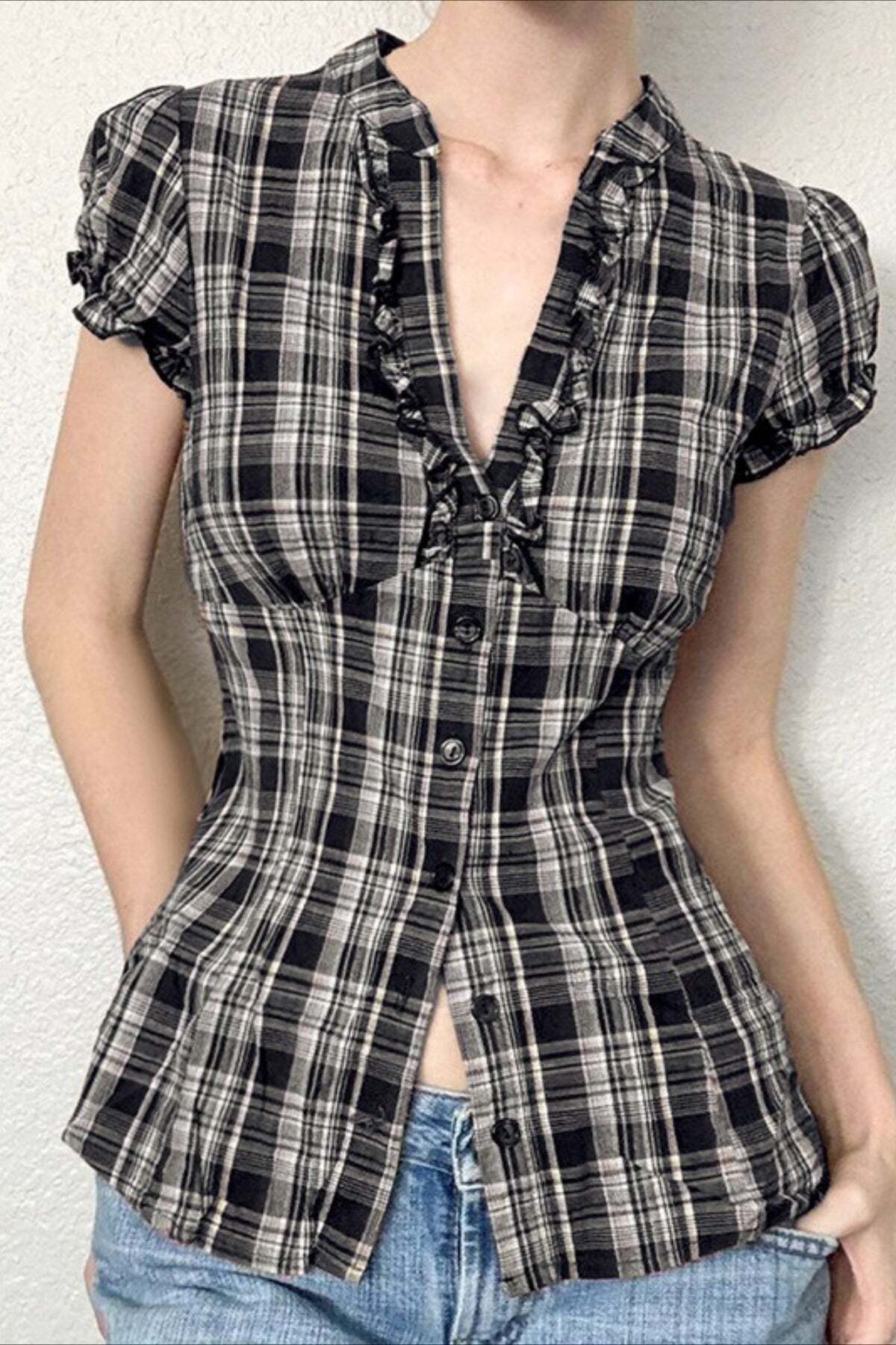 British Plaid Ruffled V Neck Puff Sleeve Blouse British Plaid Ruffled V Neck Puff Sleeve Blouse