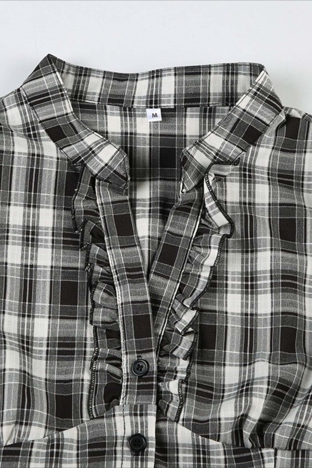 British Plaid Ruffled V Neck Puff Sleeve Blouse British Plaid Ruffled V Neck Puff Sleeve Blouse