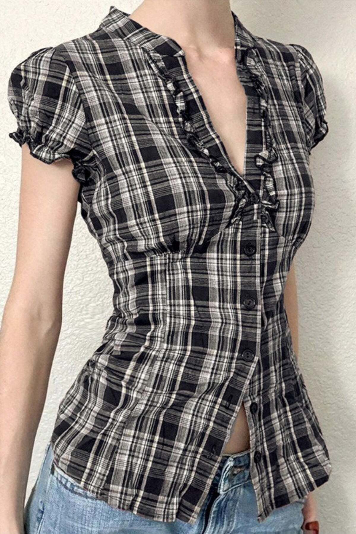 British Plaid Ruffled V Neck Puff Sleeve Blouse British Plaid Ruffled V Neck Puff Sleeve Blouse