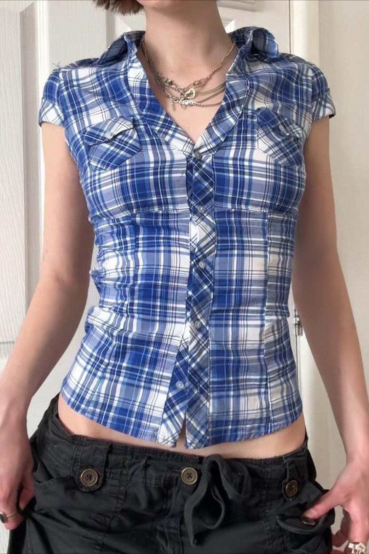 British Plaid Ruffled V Neck Puff Sleeve Blouse