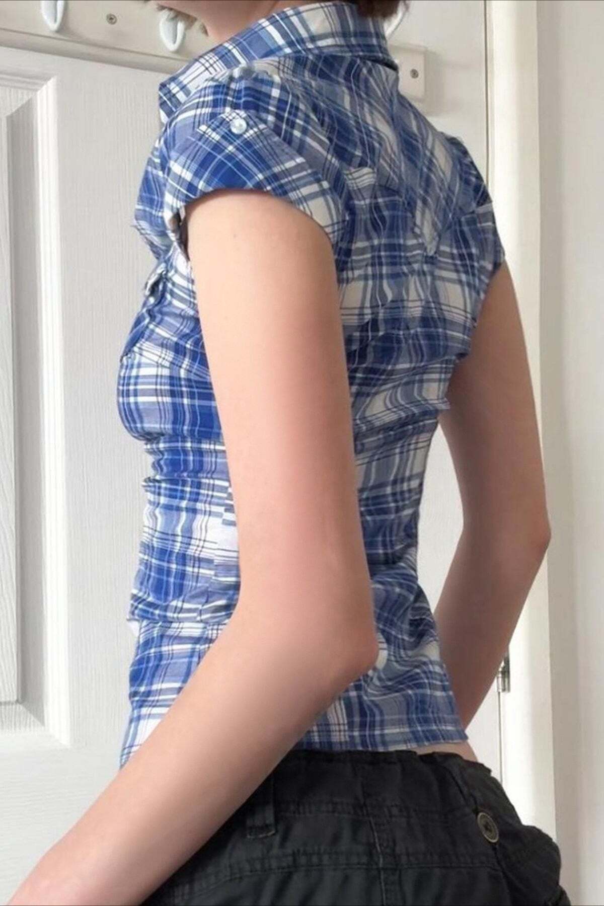 British Plaid Ruffled V Neck Puff Sleeve Blouse British Plaid Ruffled V Neck Puff Sleeve Blouse