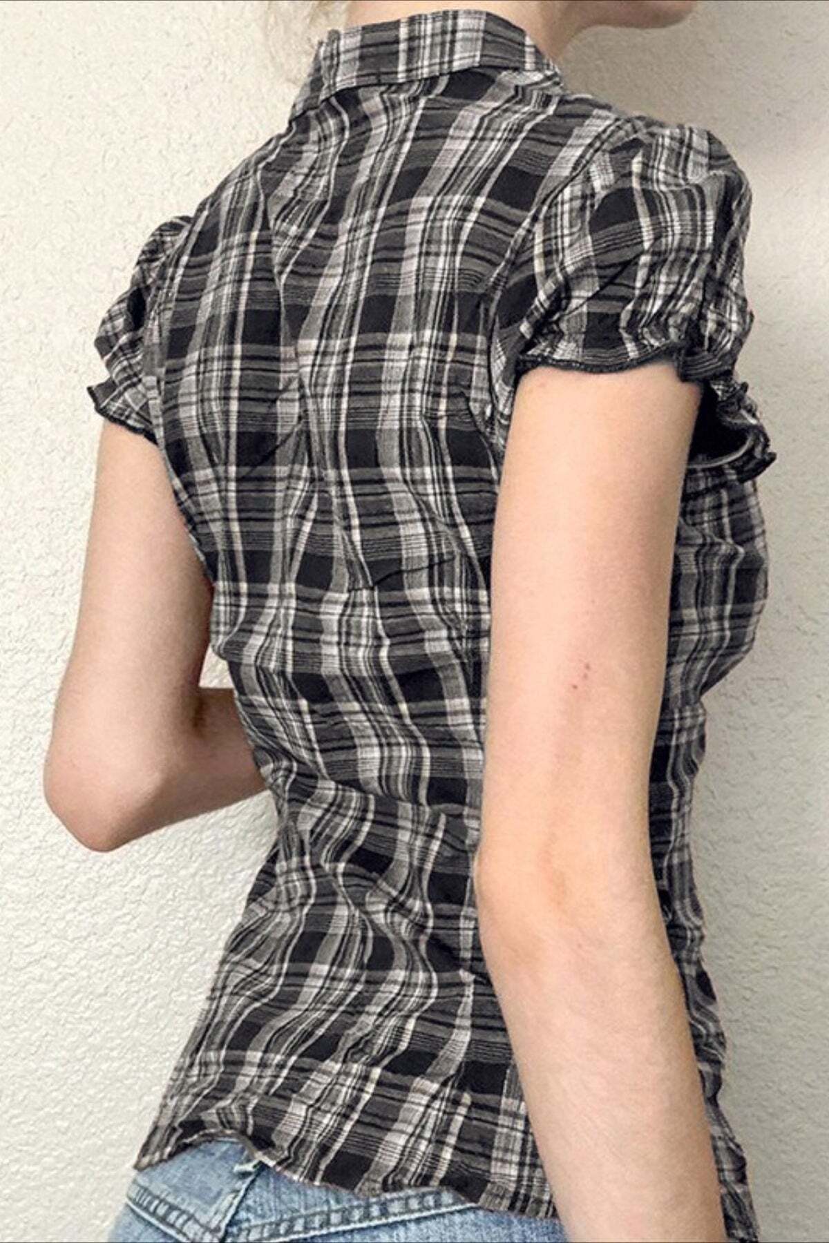 British Plaid Ruffled V Neck Puff Sleeve Blouse British Plaid Ruffled V Neck Puff Sleeve Blouse