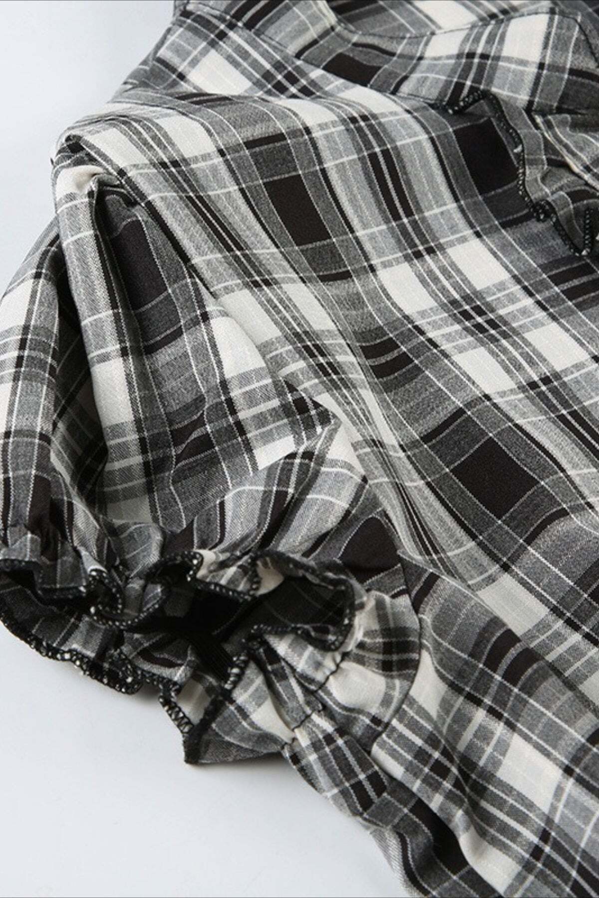 British Plaid Ruffled V Neck Puff Sleeve Blouse British Plaid Ruffled V Neck Puff Sleeve Blouse
