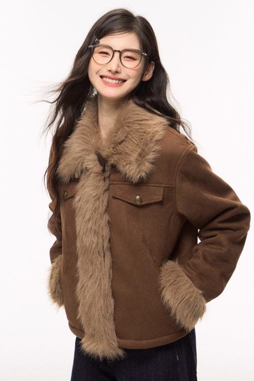 Brown Suede Jacket / Wide Denim Pants