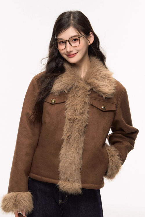 Brown Suede Jacket / Wide Denim Pants