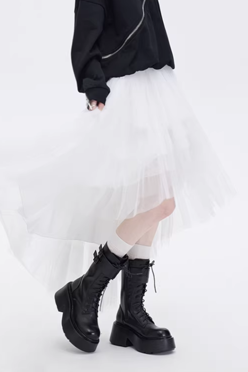 Buckled Irregular Tulle Skirt