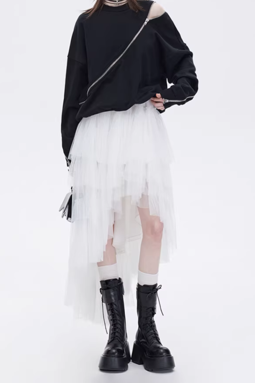 Buckled Irregular Tulle Skirt