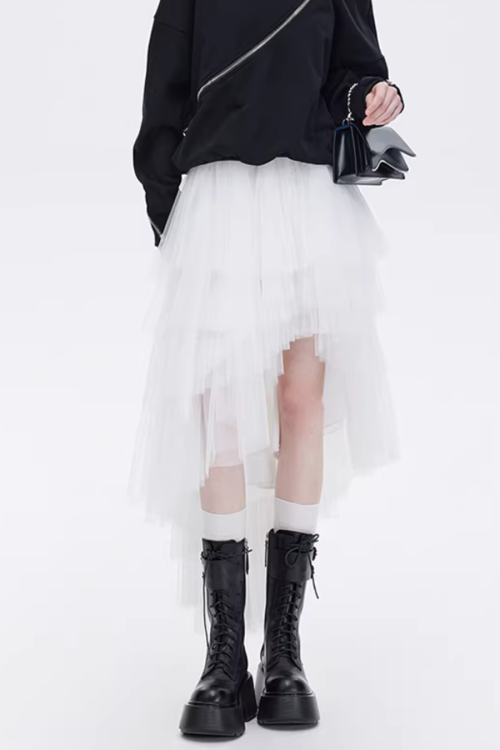 Buckled Irregular Tulle Skirt