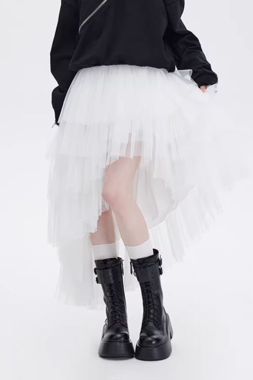 Buckled Irregular Tulle Skirt