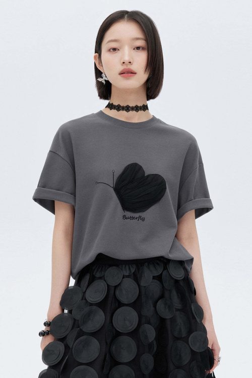 Butterfly Embroidery Short Sleeve T-Shirt
