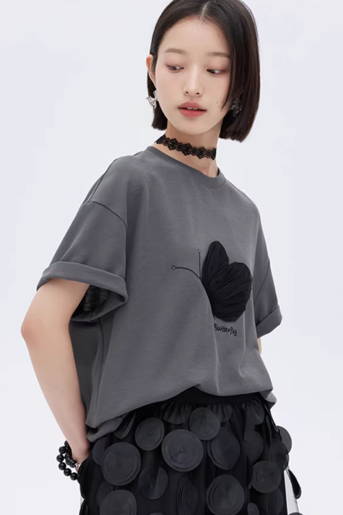 Butterfly Embroidery Short Sleeve T-Shirt