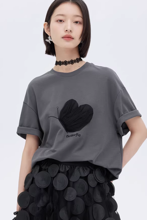 Butterfly Embroidery Short Sleeve T-Shirt