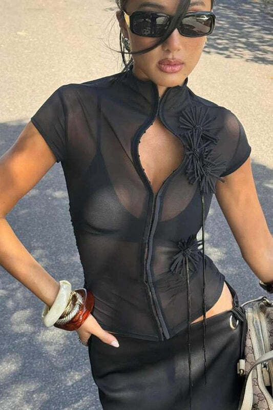 Button Floral Slim Sexy High Neck Tank Top