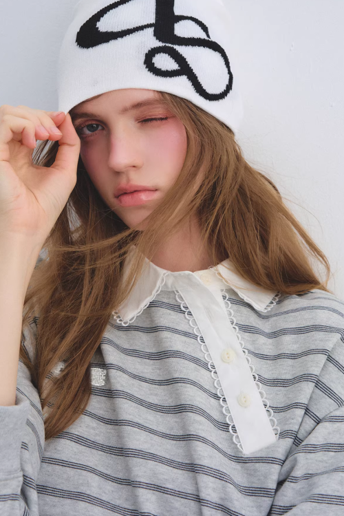 Button Lace Collar Striped Top