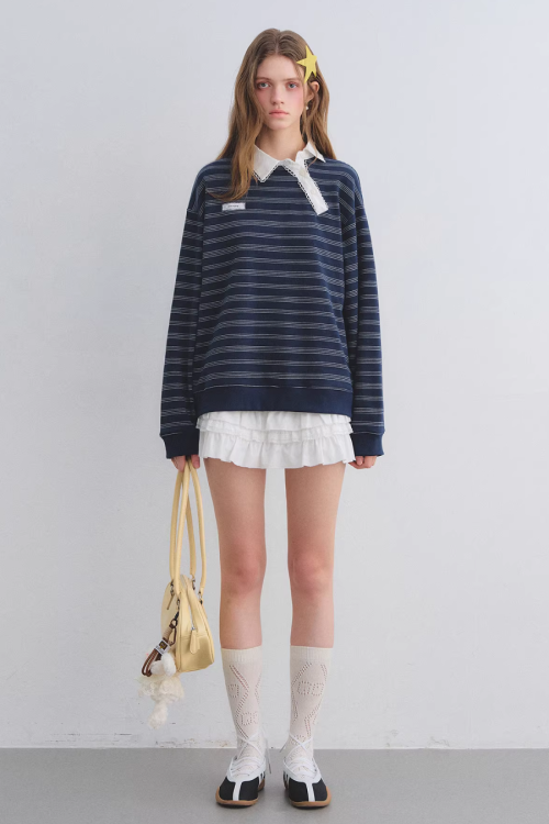 Button Lace Collar Striped Top