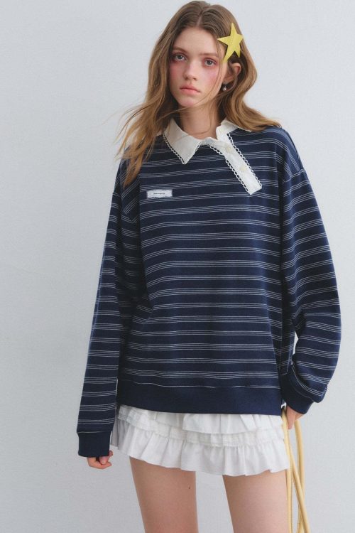 Button Lace Collar Striped Top