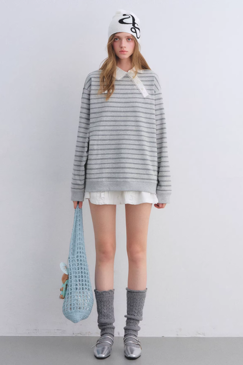 Button Lace Collar Striped Top