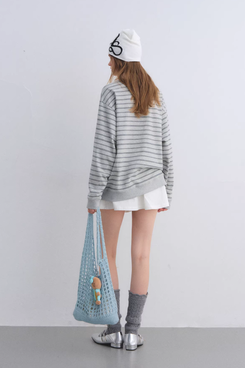 Button Lace Collar Striped Top