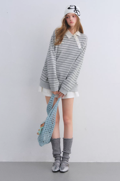 Button Lace Collar Striped Top