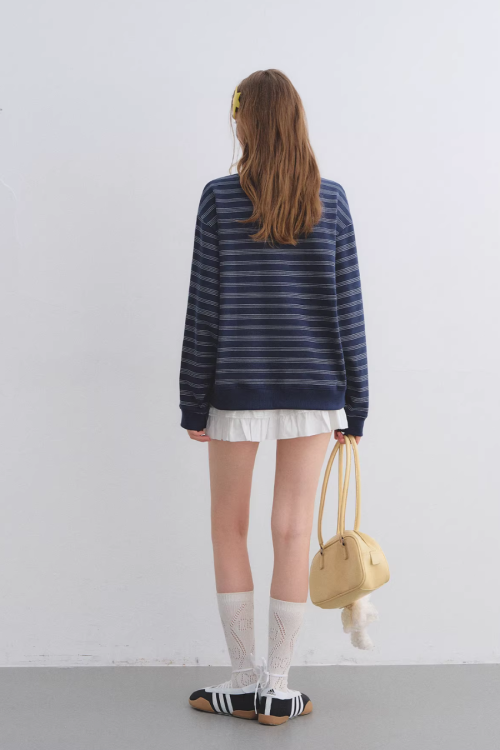 Button Lace Collar Striped Top