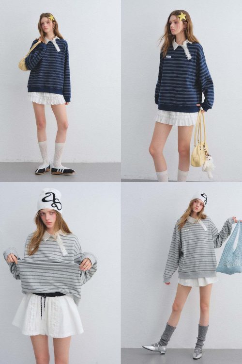 Button Lace Collar Striped Top