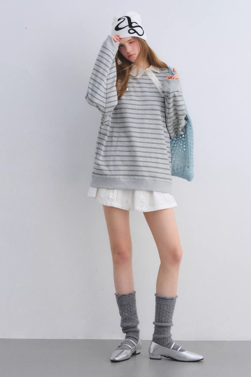Button Lace Collar Striped Top