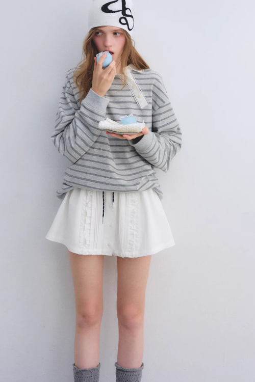Button Lace Collar Striped Top