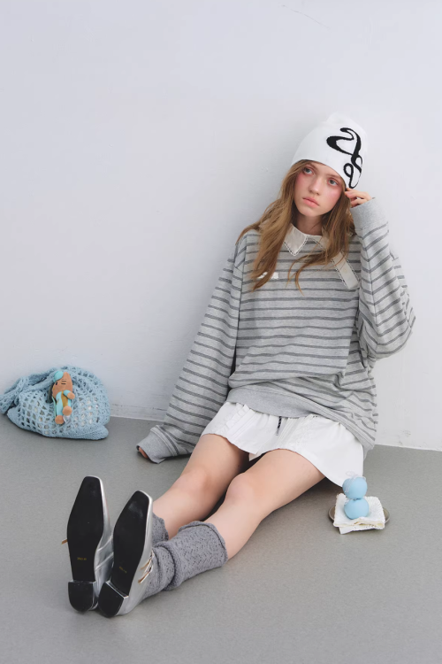 Button Lace Collar Striped Top