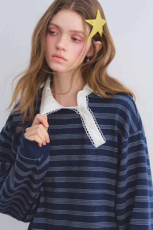 Button Lace Collar Striped Top