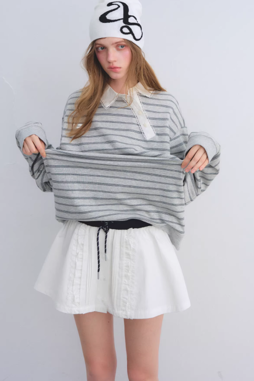 Button Lace Collar Striped Top