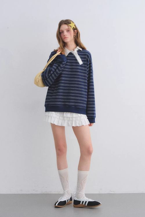 Button Lace Collar Striped Top