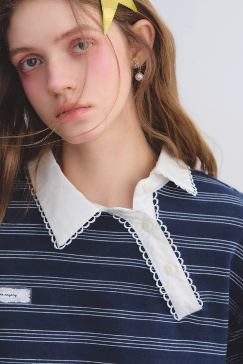 Button Lace Collar Striped Top