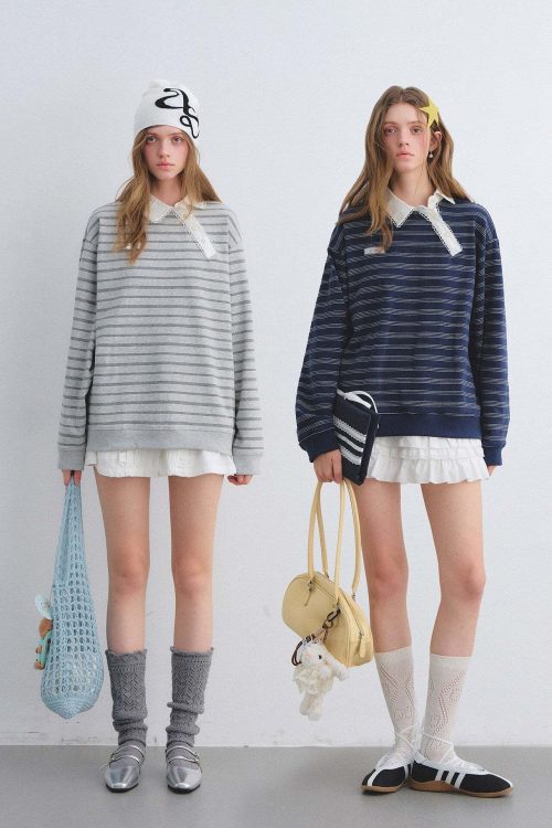 Button Lace Collar Striped Top