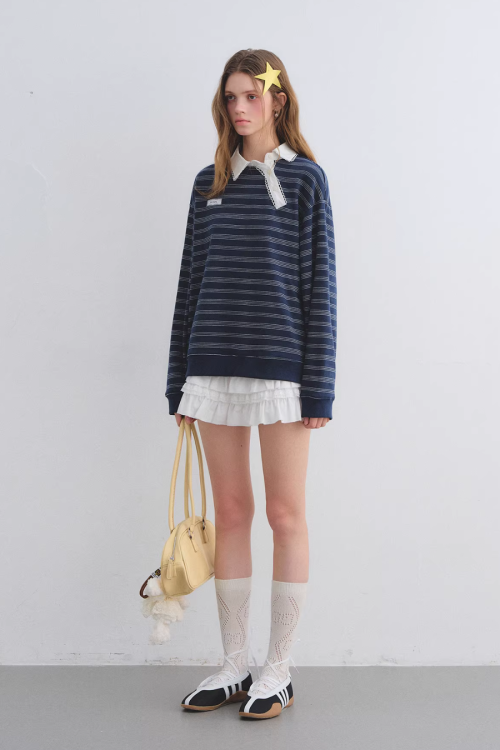 Button Lace Collar Striped Top